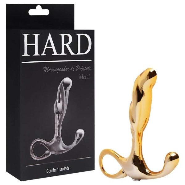 Massageador de próstata em metal com formato ergonômico e alça de segurança - 6,5 x 1,9 cm | cor: dourado - Hard