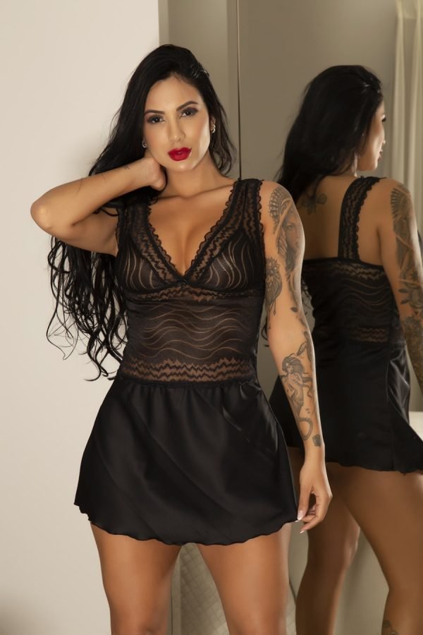 Camisola Preta feita em renda trabalhada e cetim sem bojo - Image 2
