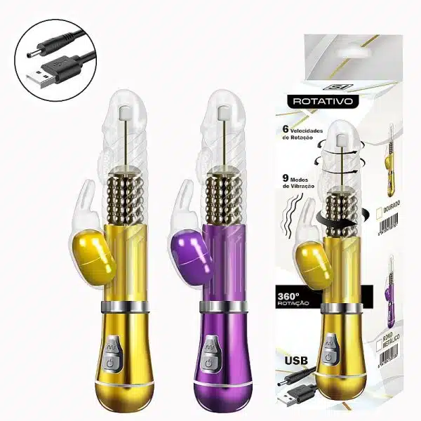Vibrador Rotativo Coelho Cromado Recarregável – 9 Vibrações e 6 Velocidades