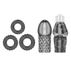 JG Penis Cover Set-Black - Kit com 2 cabeças extensoras e 3 anéis penianos