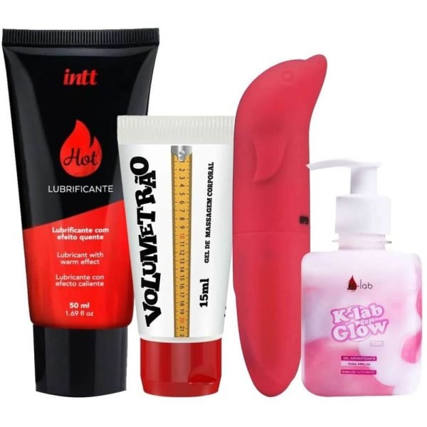Kit com Lubrificante Hot Morango Glow Gel Volumetrão e Vibrador Ponto G