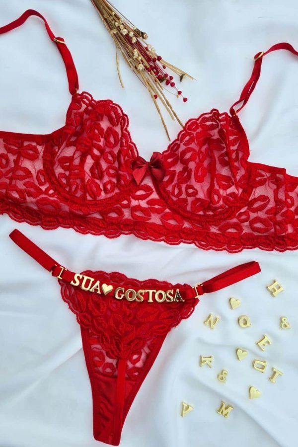 Conjunto sem bojo com aro vermelho lulu tule beijo personalizavel