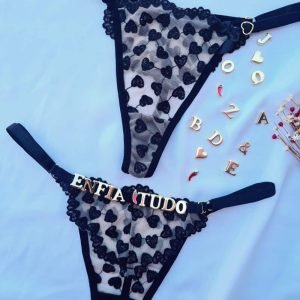 Calcinha Preto Nude fio personalizável borboleta tule coração