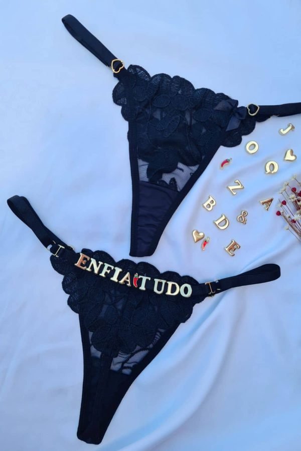 Calcinha Preto fio personalizável borboleta tule petala
