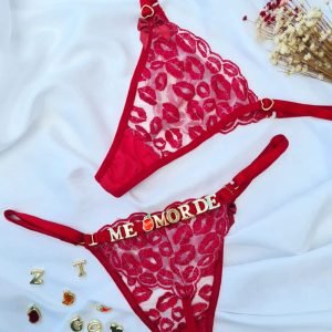 Calcinha personalizável fio borboleta vermelho nude em tule beijo