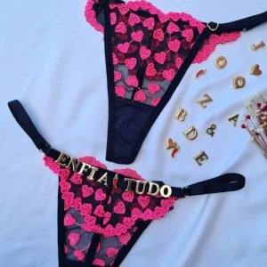 Calcinha Rosa neon preto fio personalizável borboleta tule coração