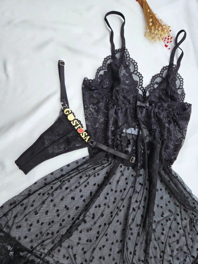 Camisola preta em tule coraçãozinho com fio personalizável - Imagem 3