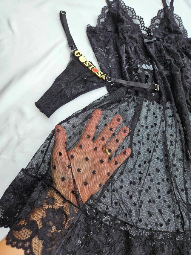 Camisola preta em tule coraçãozinho com fio personalizável - Imagem 2