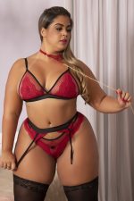 Conjunto plus size vermelho deluxe em renda arrastão com cinta liga - Imagem 3