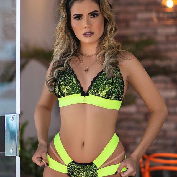 Conjunto Verde neon com elástico duas tiras sexy luxo