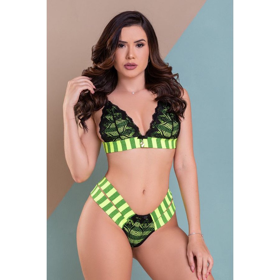15185198656-ld075verdelistrado-01.jpg Conjunto lingerie verde listrado neon elástico duas tiras sexy luxo - Imagem 1