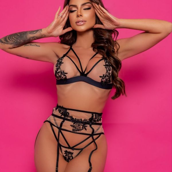Kit Lingerie completo ilusion preto com cinta ilusion + meia - 4 peças
